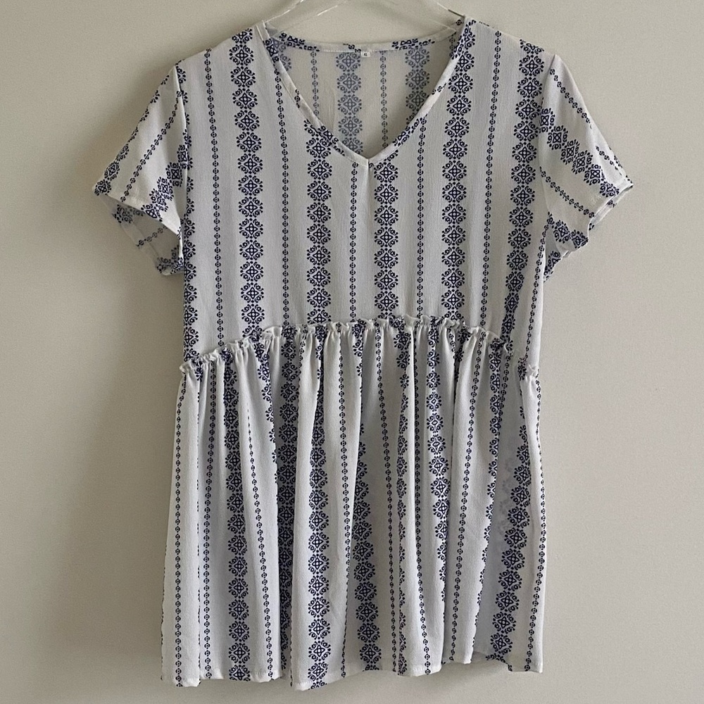 WLLW Bohemian Short Sleeve Patterned Peplum Blouse